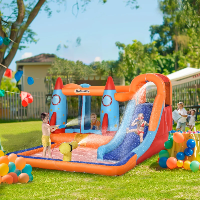 Outsunny Opblaasbaar Springkasteel met Blower voor 4 Kinderen Raketpatroon