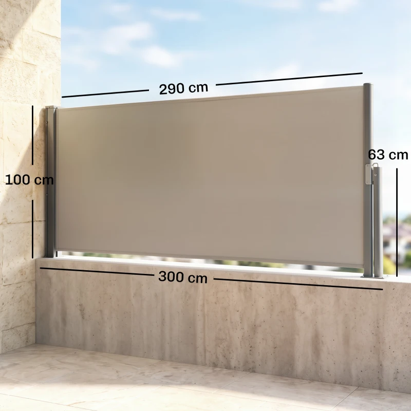 Outsunny Uittrekbare Zijdelingse Zonnescherm, Zijrol, Aluminium/Polyester, 3 x 1 m, Lichtgrijs