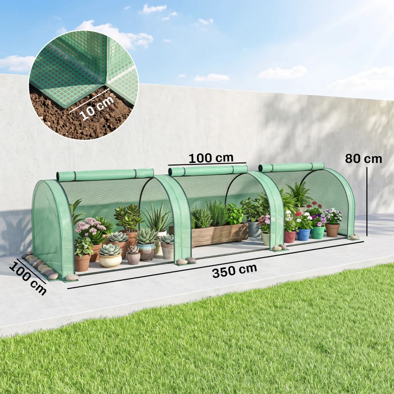 Outsunny Mini Serre de Jardin Serre à tomates 3,5L x 1l x 0,8H m Acier PE Haute densité 140 g/m² Anti-UV 3 fenêtres vert