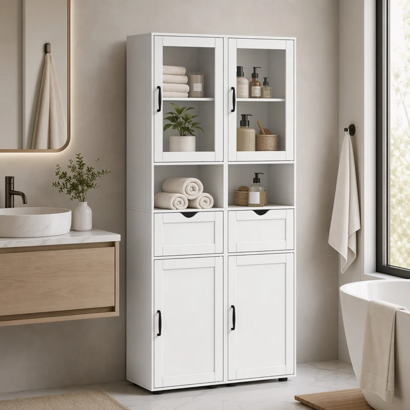 HOMCOM Columna de Baño Estrecha con Puerta de Vidrio Estantes Ajustables Cajón Estante Abierto 40x30x165 cm Blanco