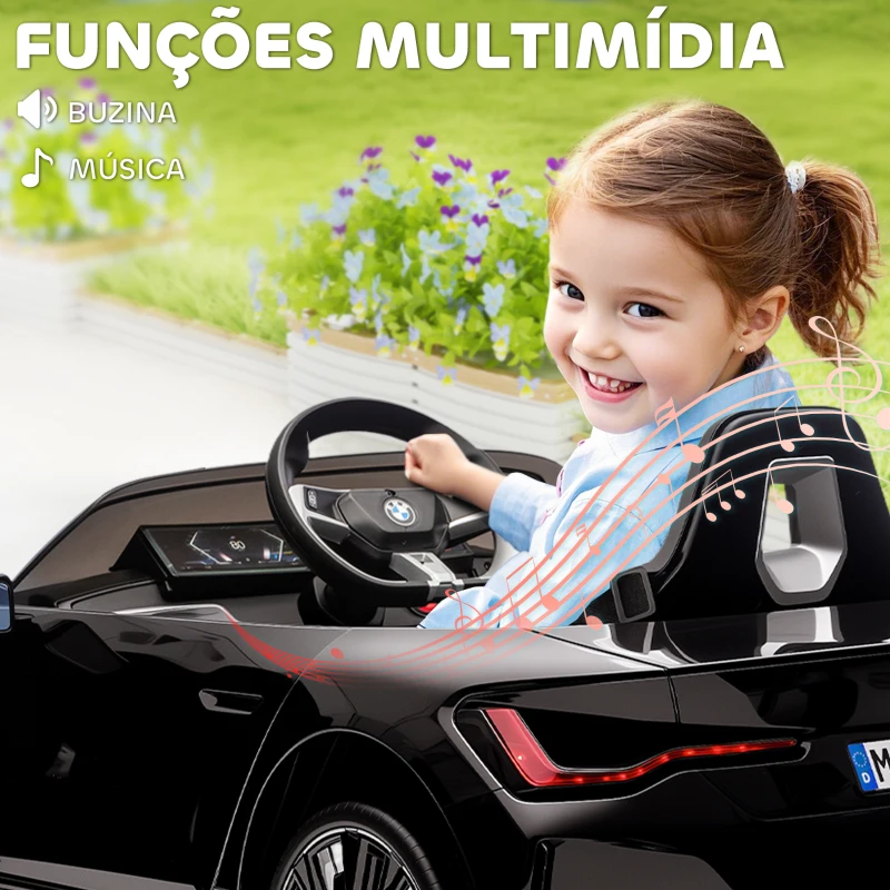 HOMCOM Carro Elétrico para Crianças BMW i4 12V com Controlo Remoto Música MP3 Ecrã Luzes e Cinto de Segurança 115x67x45 cm Preto