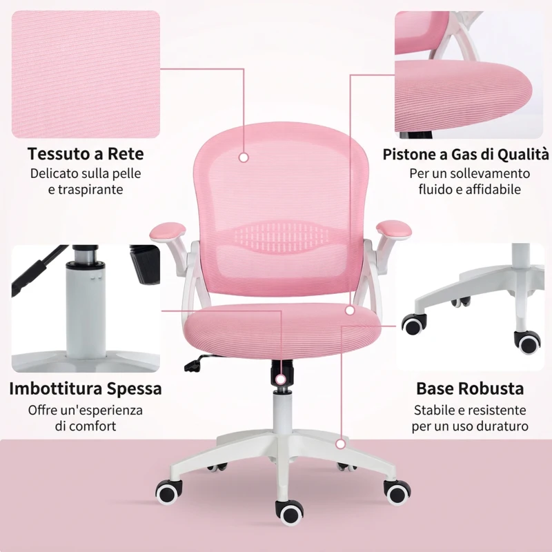 Vinsetto Sedia da Ufficio Ergonomica e Regolabile con Schienale a Rete e Seduta Imbottita, 65.5x61.5x88-97.5 cm, Rosa