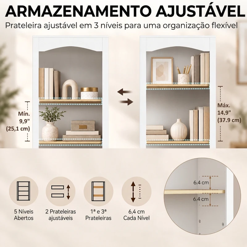 HOMCOM Estante para Livros de 5 Níveis com Design Arqueado e 2 Prateleiras Ajustáveis, Branco e Carvalho