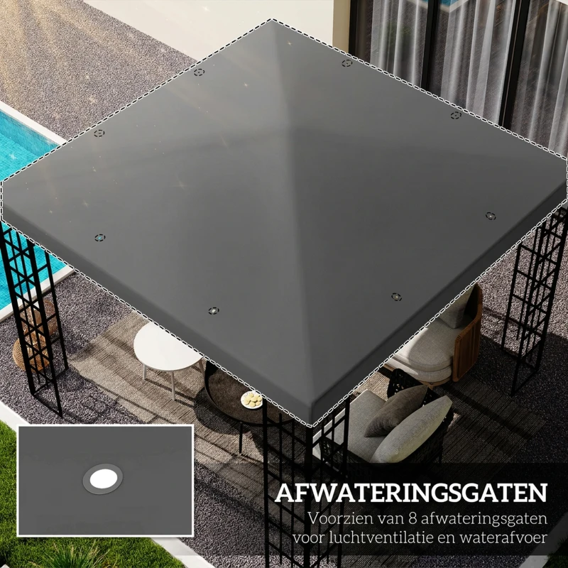 Outsunny 3 x 3 m Vervangdak voor paviljoen, Zeil voor tuinpaviljoen, met waterafvoergaten, UPF30+, Donkergrijs