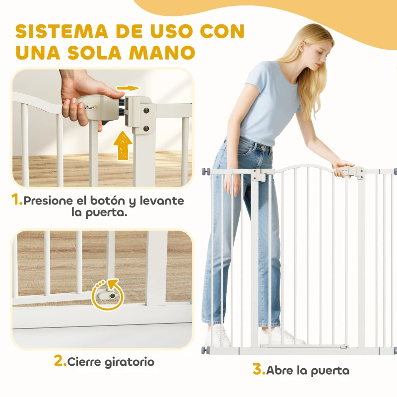 PawHut Barrera de Seguridad para Perros Extensible 74-100 cm para Puertas y Escaleras Cierre Automático Doble Bloqueo Blanco