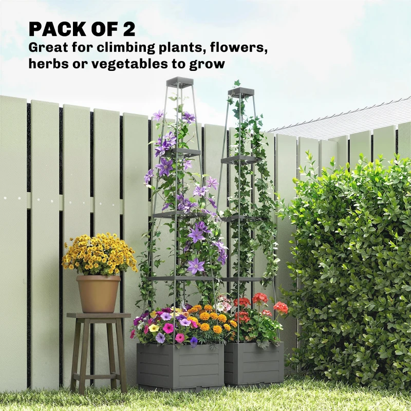 Outsunny 2 Pack Raised Garden Bed with Trellis, Plastic Outdoor Planter Box with Removable Drainage Tray