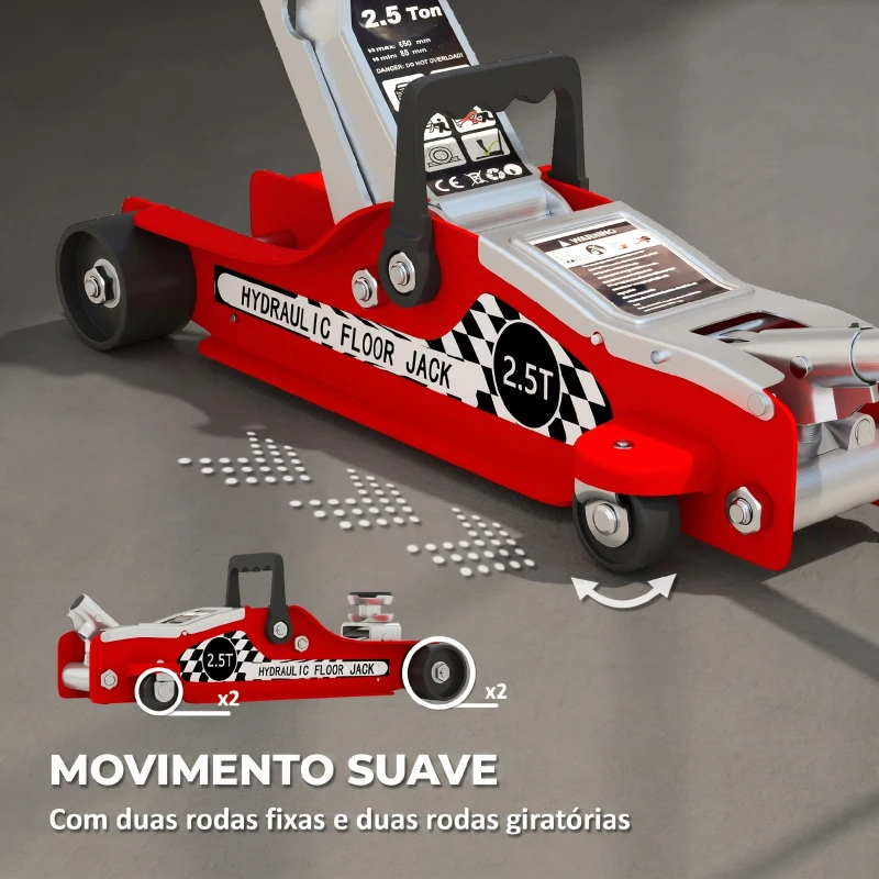 HOMCOM Macaco Hidráulico para Carro 2,5 T, Altura de Elevação 80-360 mm, Baixo Perfil, com Rodas e Pega Superior, para Automóvel e SUV