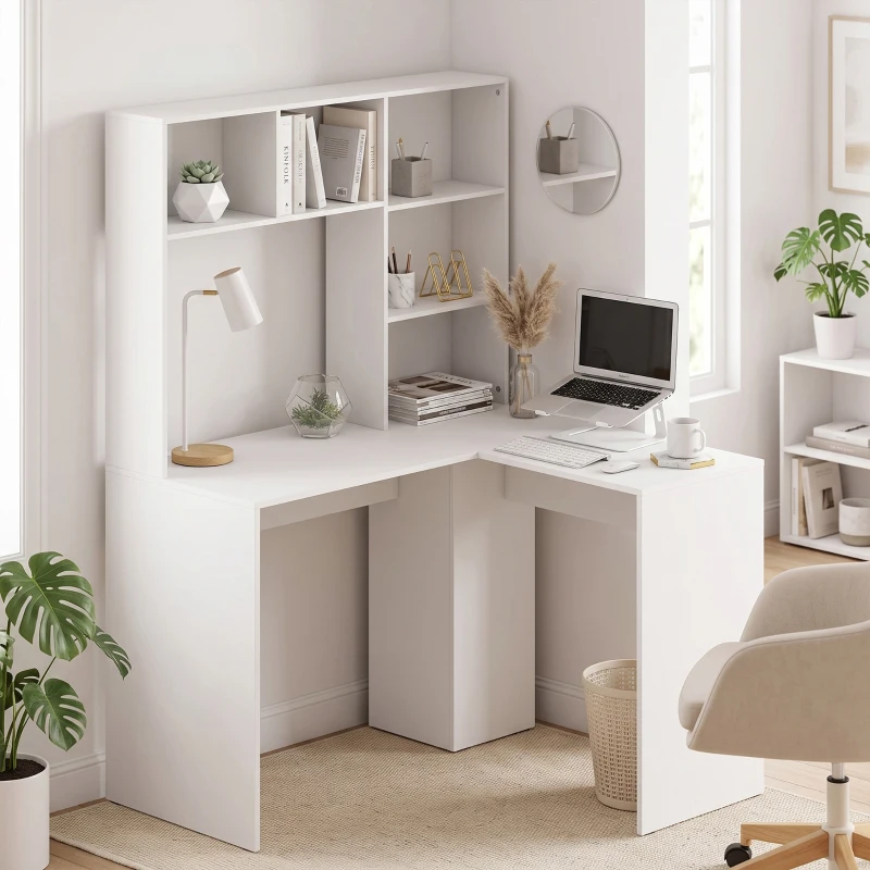 HOMCOM Escritorio Esquinero con Estantería, 108 cm, Color Blanco
