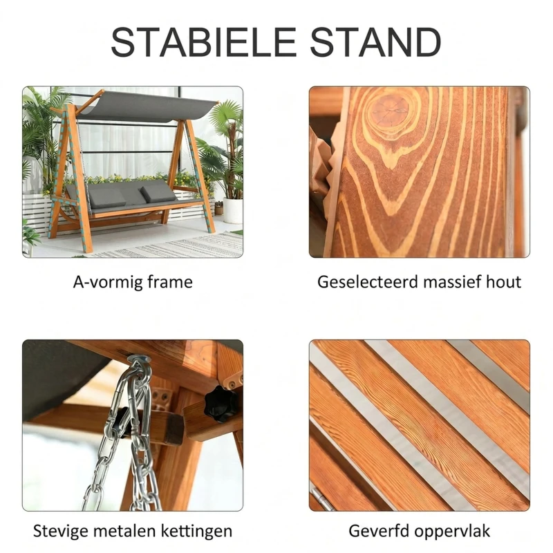 Outsunny hangmatschommel met bedfunctie 3-zits tuinschommel met dak ligbed tuinbank Lariks hout polyester grijs + teak 225.5 x 113 x 180 cm