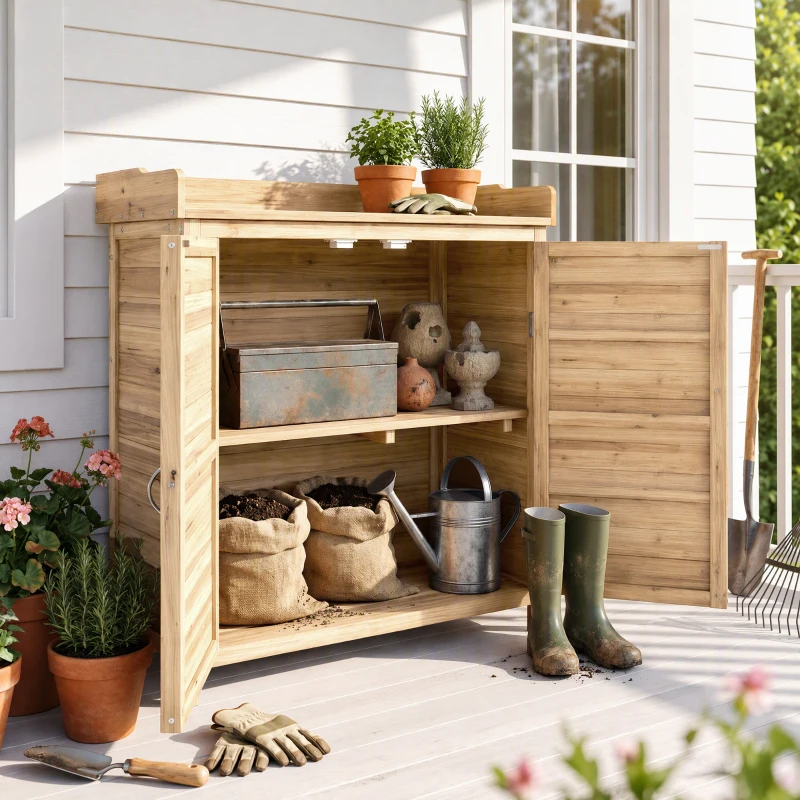 Outsunny Dulap Exterior cu 2 Rafturi din Lemn de Brad, Design Înălțat și 2 Uși, 83x40x92 cm