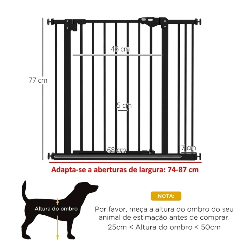 PawHut Barreira de Segurança para Cães 74-87 cm com Extensão, Fixação por Pressão e Duplo Bloqueio, Preta