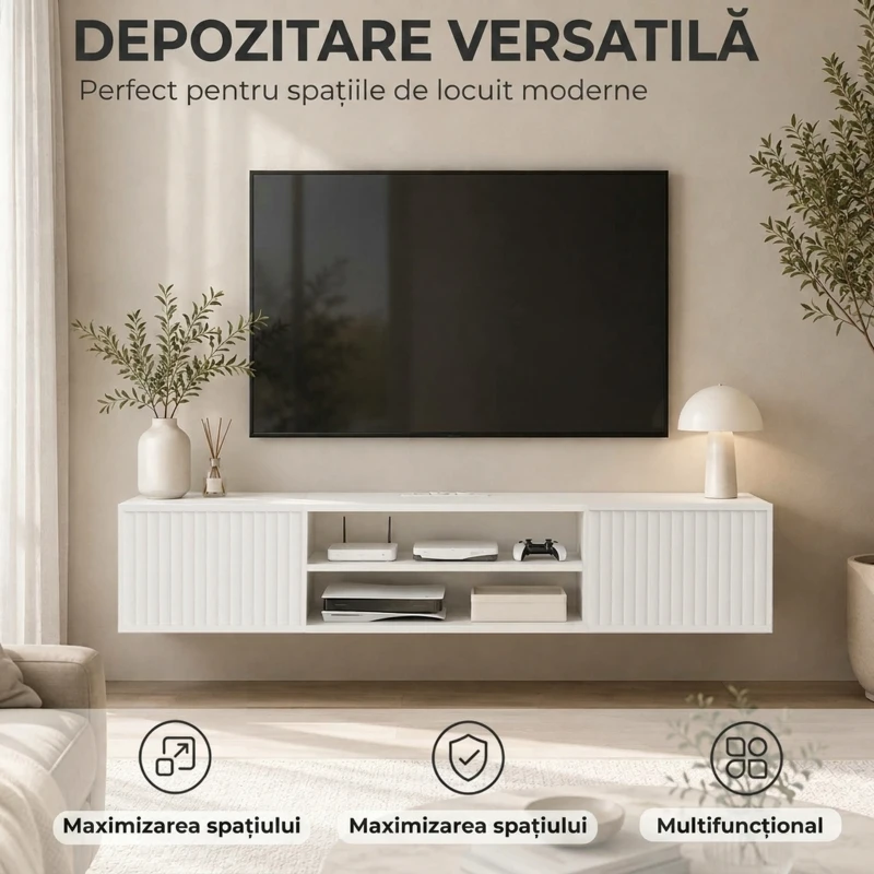 HOMCOM Suport TV pentru Ecrane de Până la 65" cu Raft Reglabil, 140 x 29,5 x 26,5 cm, Alb