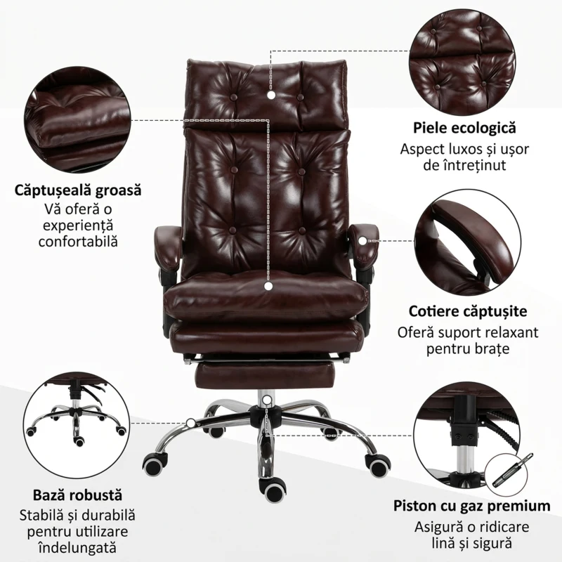 Vinsetto Scaun de Birou Ergonomic Suport pentru picioare Detasabil Inaltime Reglabila Maro