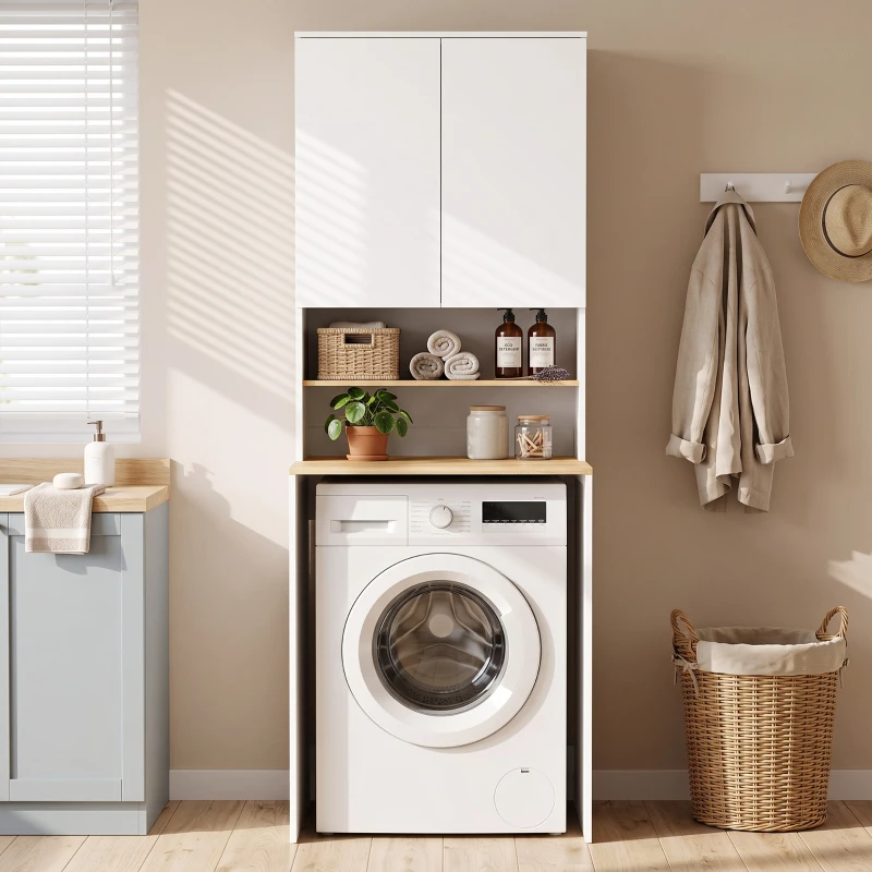 HOMCOM Wasmachinekast met verstelbare legplank en 2 deuren, wit/eiken