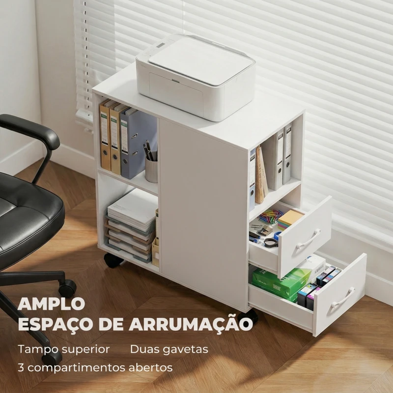 HOMCOM Móvel para Impressora com Rodas, 2 Gavetas, Prateleira Ajustável e 3 Compartimentos Abertos para Documentos A4, Branco