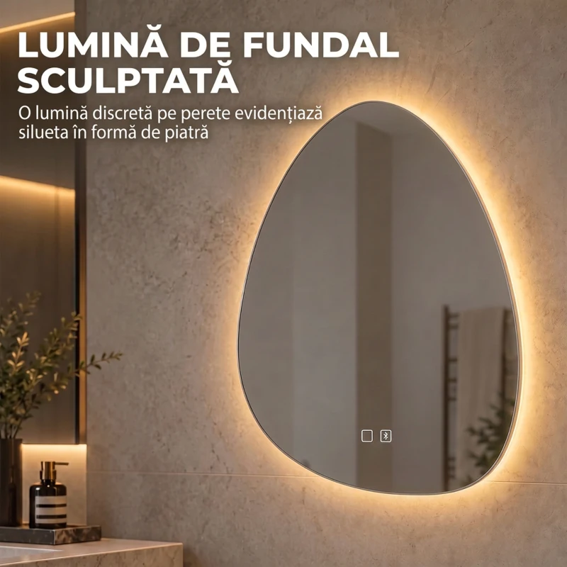HOMCOM Oglindă de baie cu LED, 3 culori, 50x70 cm, neregulată, Bluetooth, anti-aburire, touch