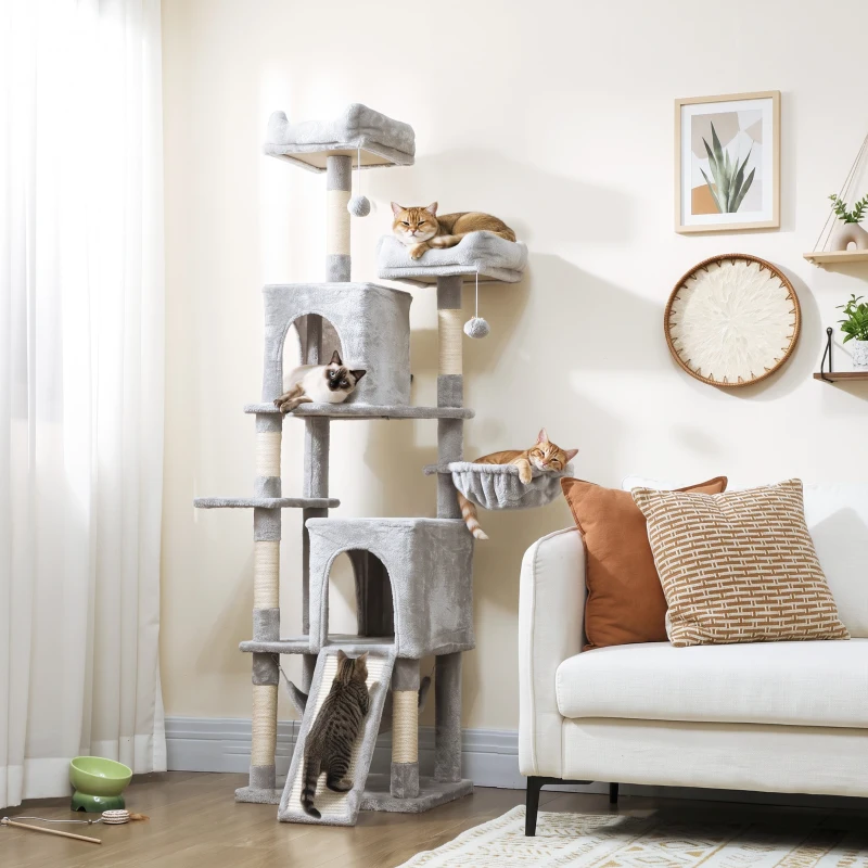 PawHut Arbre à chat tour de jeux pour chat 3 platesformes 2 niches 2 lits 2 hamacs 1 échelle hauteur 177 cm gris clair
