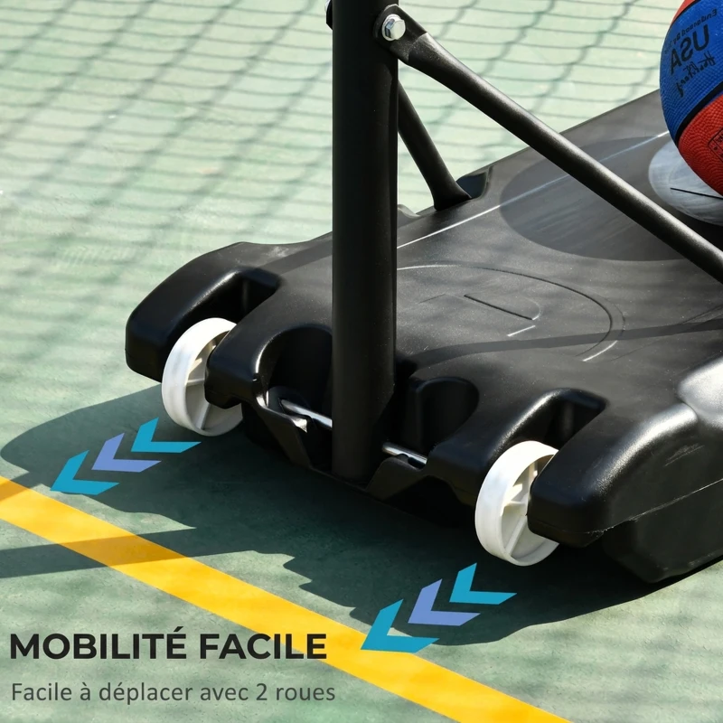 HOMCOM Panier de Basket Extérieur, Hauteur Réglable, Portable à Roulettes, Base Stable Remplissable, 83x45x260cm, Noir