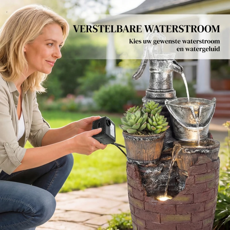 Outsunny 4-laags rustieke tuinfontein met LED-verlichting, plantenbak en verstelbare pomp, 34 x 31 x 76 cm