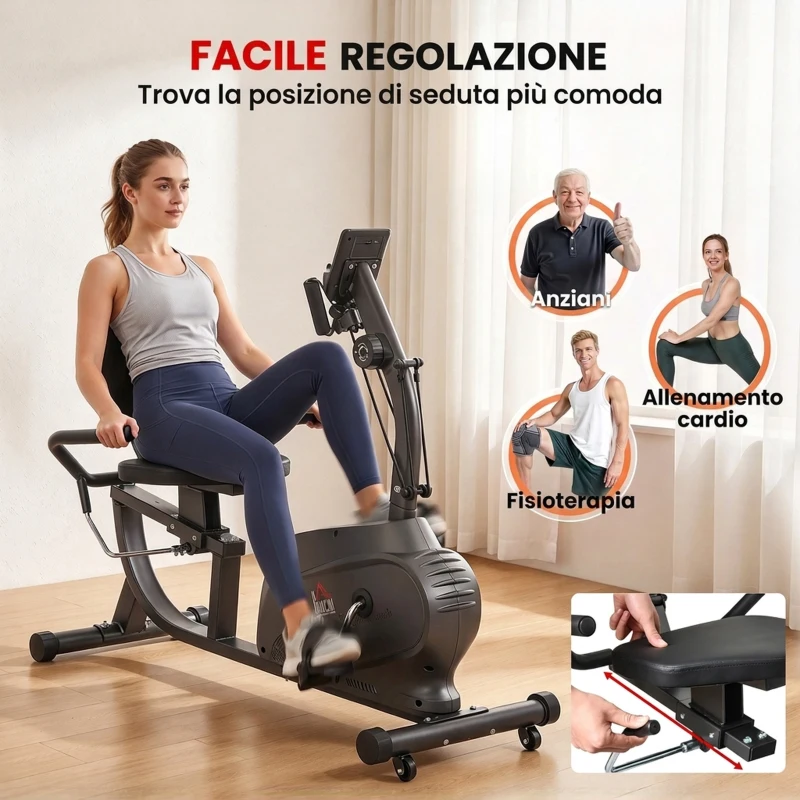 HOMCOM Cyclette Orizzontale Magnetica 8 Resistenze, Display LCD, Sedile Regolabile ed Elastici per Braccia