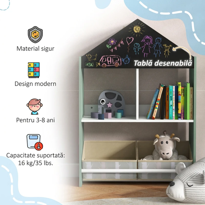 ZONEKIZ Raft de depozitare pentru jucării copii cu rafturi și sertare detașabile, verde