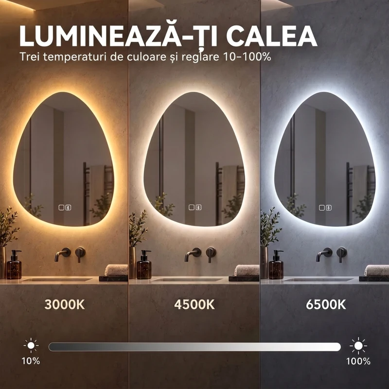 HOMCOM Oglindă de baie cu LED, 3 culori, 50x70 cm, neregulată, Bluetooth, anti-aburire, touch