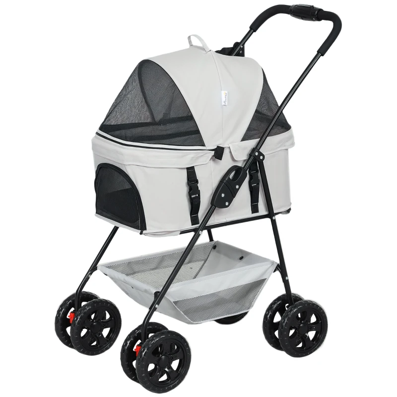 PawHut 3-in-1 Huisdierenkinderwagen, Opvouwbare hondenwagen met 4 wielen en afneembare drager voor honden en katten, Grijs