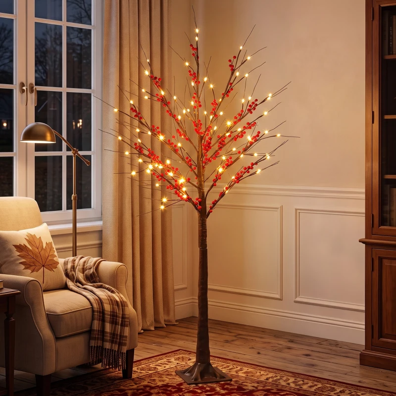 HOMCOM Árbol de Abedul Artificial 150 cm con 96 Luces LED Blanco Cálido Bayas Rojas Temporizador y 12 Ramas Flexibles Marrón