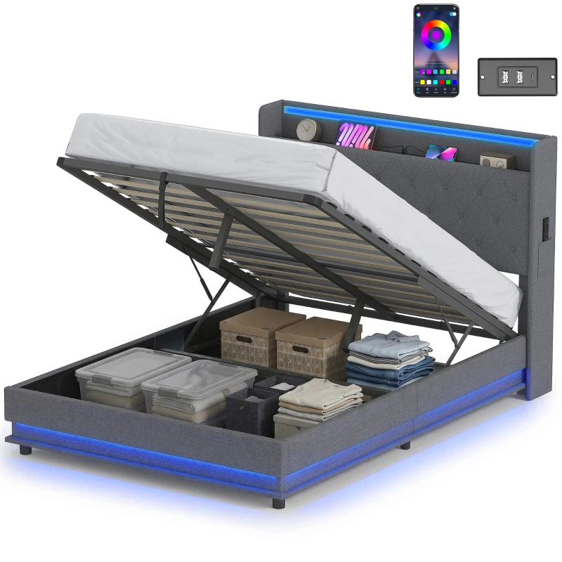 HOMCOM 4ft6 Double Bed Frame with Headboard, Platform Bed Frame with Hydraulic Storage, LED Lights and Charging Station, Grey
