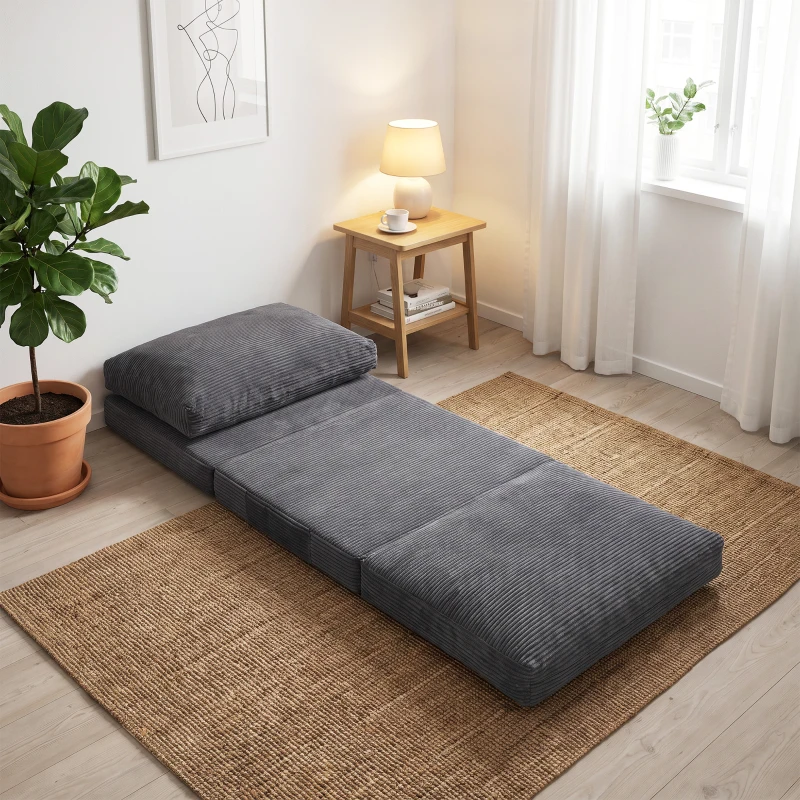 HOMCOM Scaun-pat pliant 76 cm, canapea de podea din catifea corduroy, umplutură groasă, husă detaşabilă şi lavabilă, gri