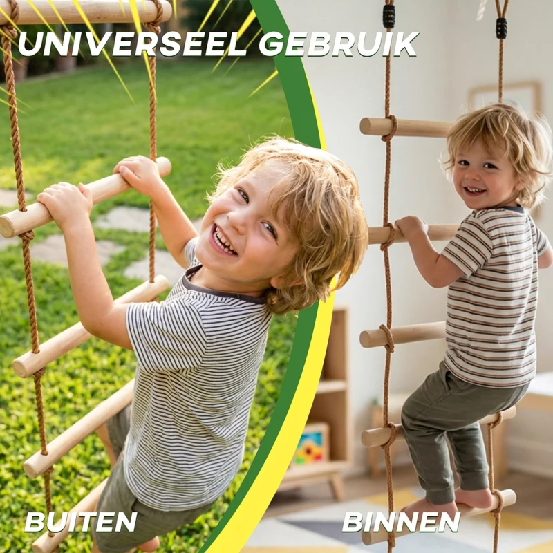 AIYAPLAY Ninja Line Kinderen 1,8m 5-traps klimladder met 2 karabijnhaken 2 boomriemen voor 3-8 jaar 40 x 3,5 x 180 cm natuurhout