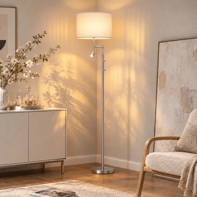 HOMCOM Modern Floor Lamp with Built-In Reading Light, Standing Lamp with Independent Switch, Satin Nickel