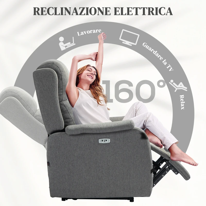 HOMCOM Poltrona Relax Elettrica Reclinabile 150° con Poggiapiedi in Tessuto e Presa USB, Grigio Scuro