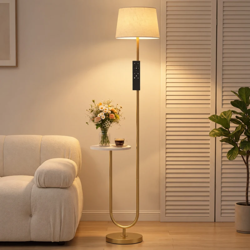 HOMCOM Modern Floor Lamp with Shelf, Dimmable Floor Lamp with Linen Shade, RF Remote and Foot Switch for Living Room, Gold Tone