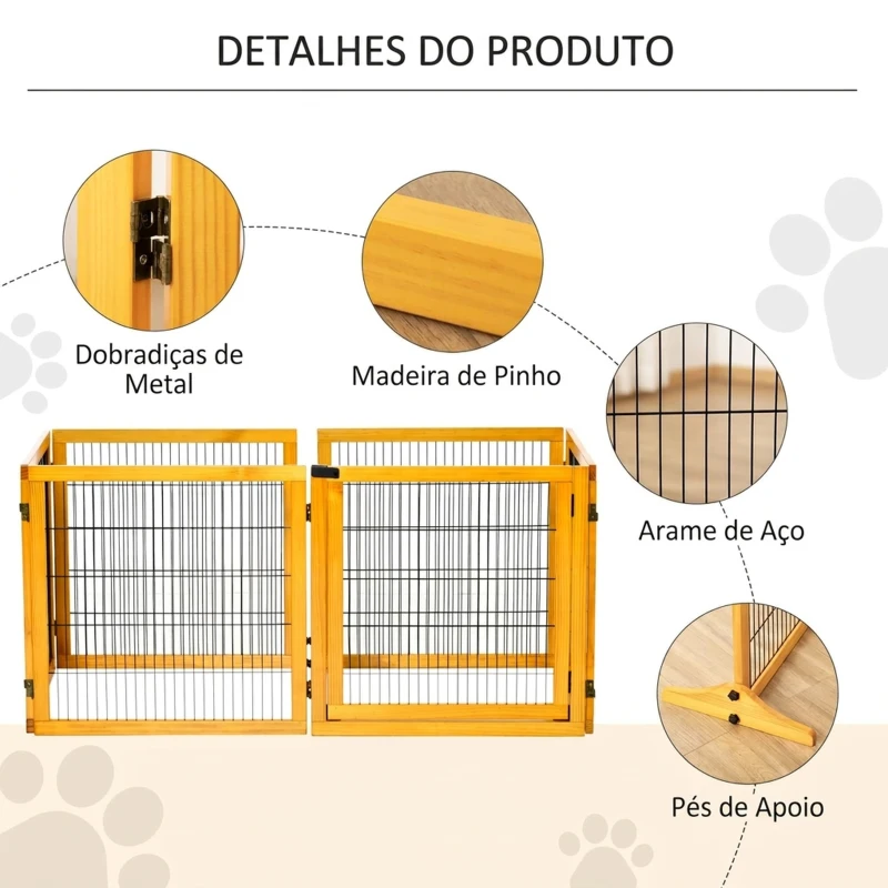 PawHut Barreira de Segurança Dobrável para Cães em Madeira para Escadas e Portas com Pés de Apoio 432x36x70 cm Amarelo