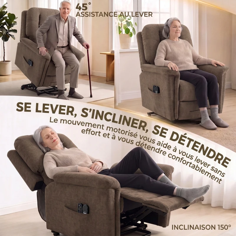 HOMCOM Fauteuil Releveur Électrique Massage et Chaleur Fauteuil Relax Électrique Velours Port USB Dossier Inclinable Marron