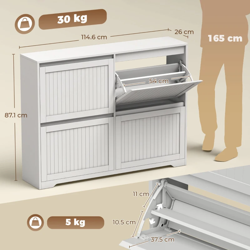 HOMCOM Pantofar slim cu 4 uși rabatabile, pentru 16 perechi, rafturi reglabile, 114,6x26x87,1 cm, alb