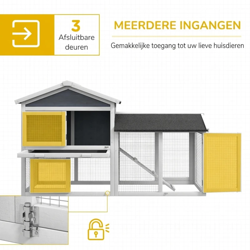 PawHut Kleindierhok met ren, vurenhout, 147 x 54 x 84 cm, Grijs(m-4)
