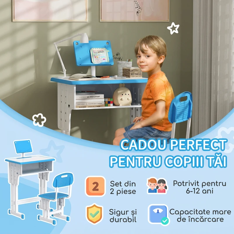 HOMCOM Birou școlar pentru copii 6-12 ani, reglabil pe înălțime, cu suport pentru cărți și raft, din oțel și MDF, albastru