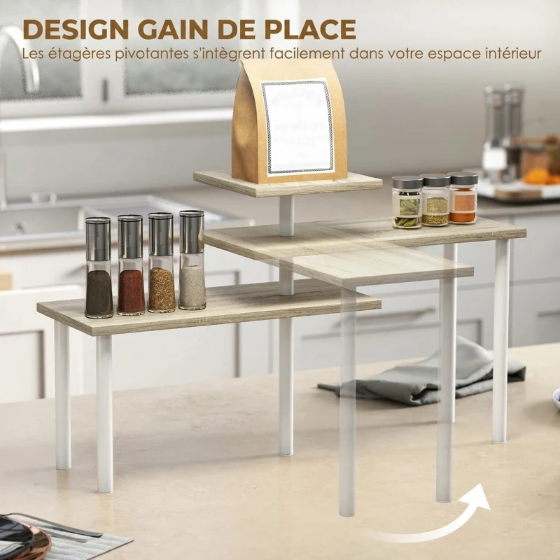 HOMCOM Étagère de cuisine rotative à 3 niveaux, étagère d'angle, cadre en métal, 40 x 18 x 36,5 cm, chêne et blanc