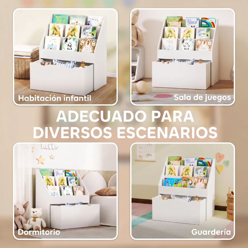 AIYAPLAY Librería Infantil de 4 Niveles Estantería para Libros Infantil con 3 Estantes y 1 Cajón con Ruedas 62,5x30x70 cm Blanco