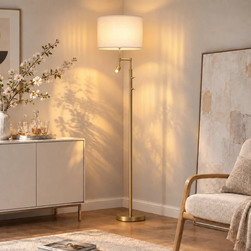 HOMCOM Modern Floor Lamp with Built-In Reading Light, Standing Lamp with Independent Switch, Copper
