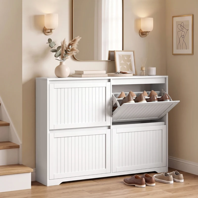 HOMCOM Pantofar slim cu 4 uși rabatabile, pentru 16 perechi, rafturi reglabile, 114,6x26x87,1 cm, alb