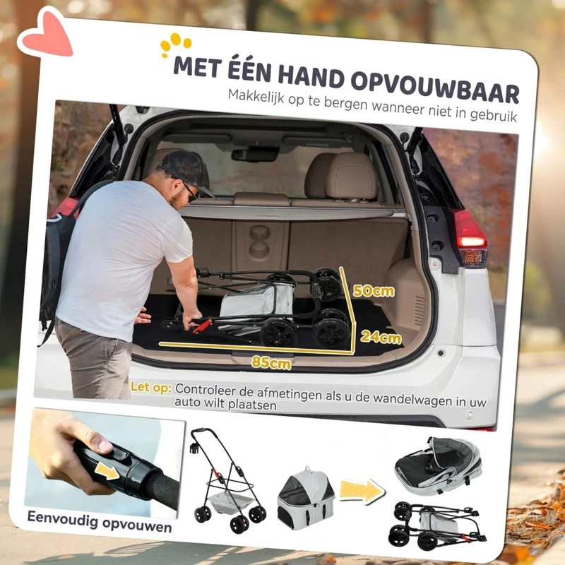 PawHut 3-in-1 Huisdierenkinderwagen, Opvouwbare hondenwagen met 4 wielen en afneembare drager voor honden en katten, Grijs