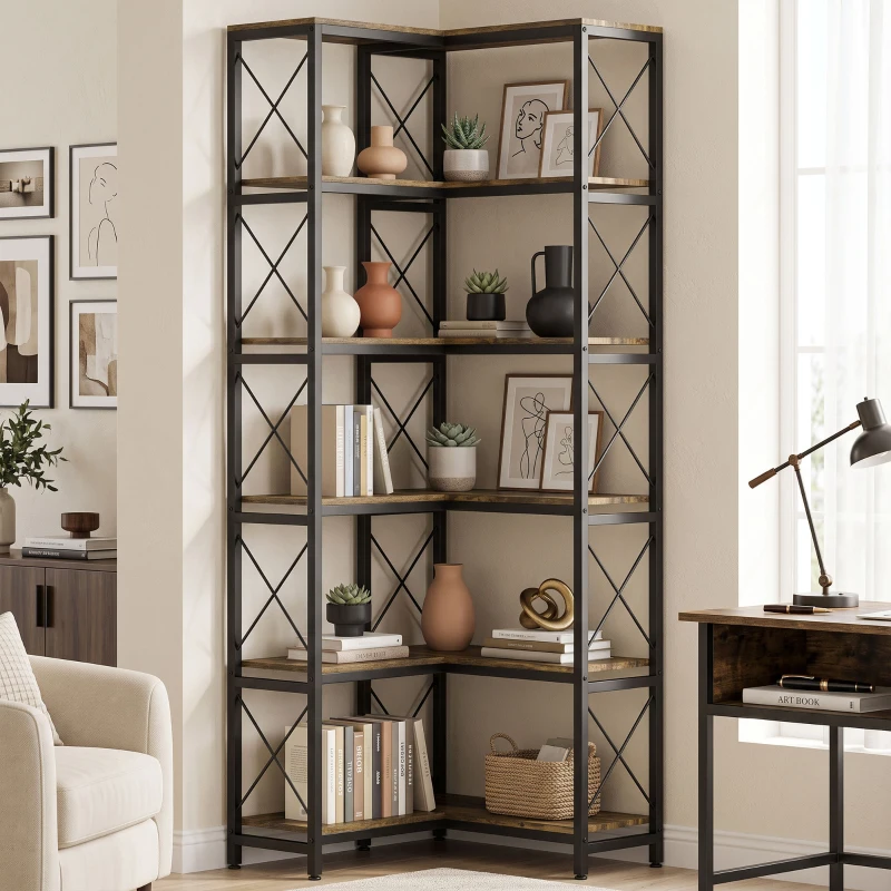 HOMCOM Bibliothèque d'angle à 6 niveaux, meuble de rangement en métal pour salon, chambre, bureau, 60x60x200cm, brun rustique