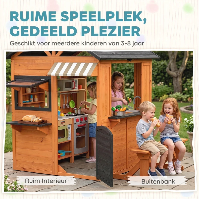 AIYAPLAY Houten kinderspeelhuis voor buiten met keuken, bank, verkoopbalie, ramen en deur voor kinderen van 3-8 jaar – 171,5 x 146 x 156 cm – bruin