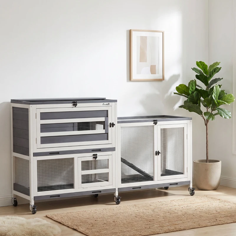 PawHut Clapier pour lapin en bois 2 étages avec roulettes, 3 plateaux, pour 2-3 lapins, 147 x 45 x 89,5 cm, gris