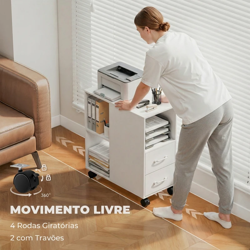 HOMCOM Móvel para Impressora com Rodas, 2 Gavetas, Prateleira Ajustável e 3 Compartimentos Abertos para Documentos A4, Branco