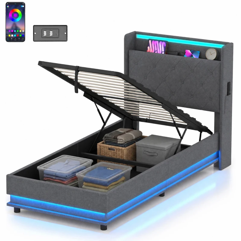 HOMCOM 3ft Single Bed Frame with Headboard, Platform Bed Frame with Hydraulic Storage, LED Lights and Charging Station, Grey
