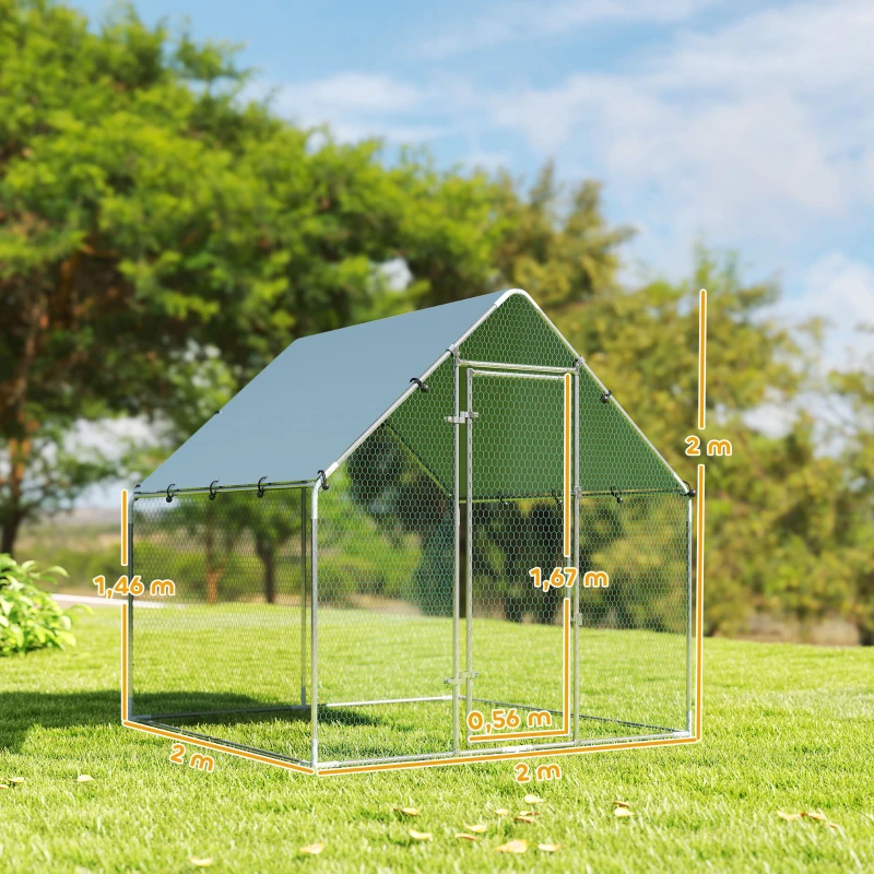 PawHut Pollaio per Galline da Esterno con Tetto e Serrature, in Acciaio Zincato, 2x2x2 m, Argento
